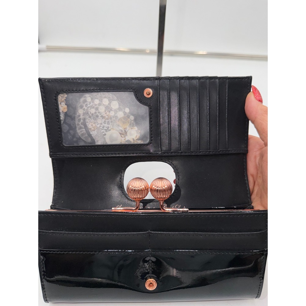 Ted Baker London Black Patent Leather Bobble Clasp Matinee Wallet Rose Gold - Picture 6 of 8